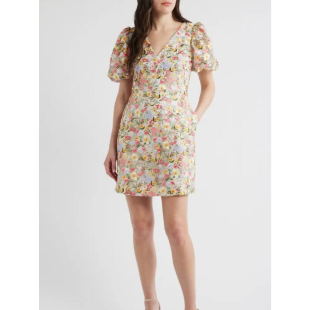 Eliza J Floral Embroidered Puff Sleeve Cocktail Dress 10 P